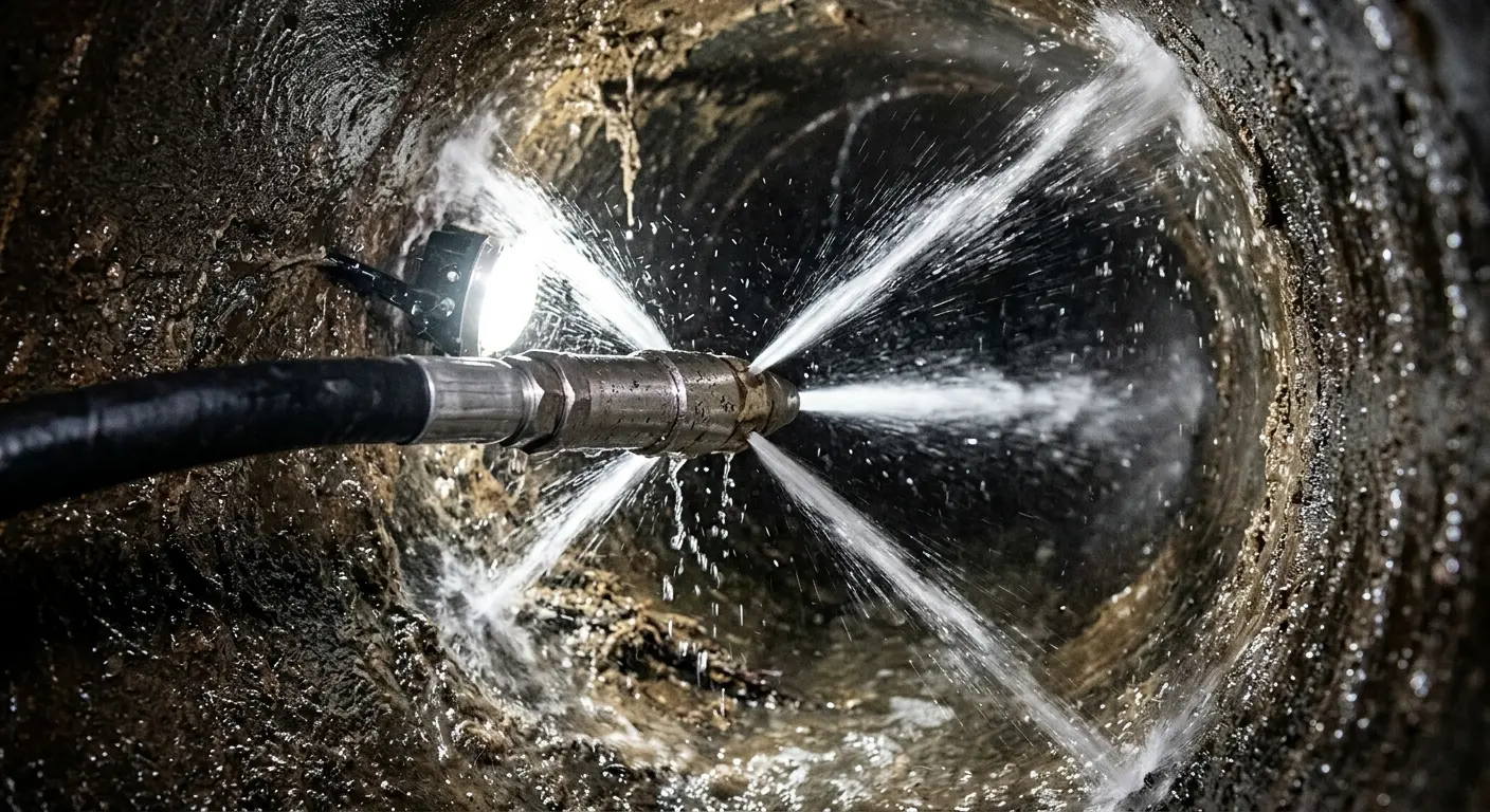 High-pressure hydro jetting nozzle cleaning sewer pipe for Sewer Cleanout in Passaic