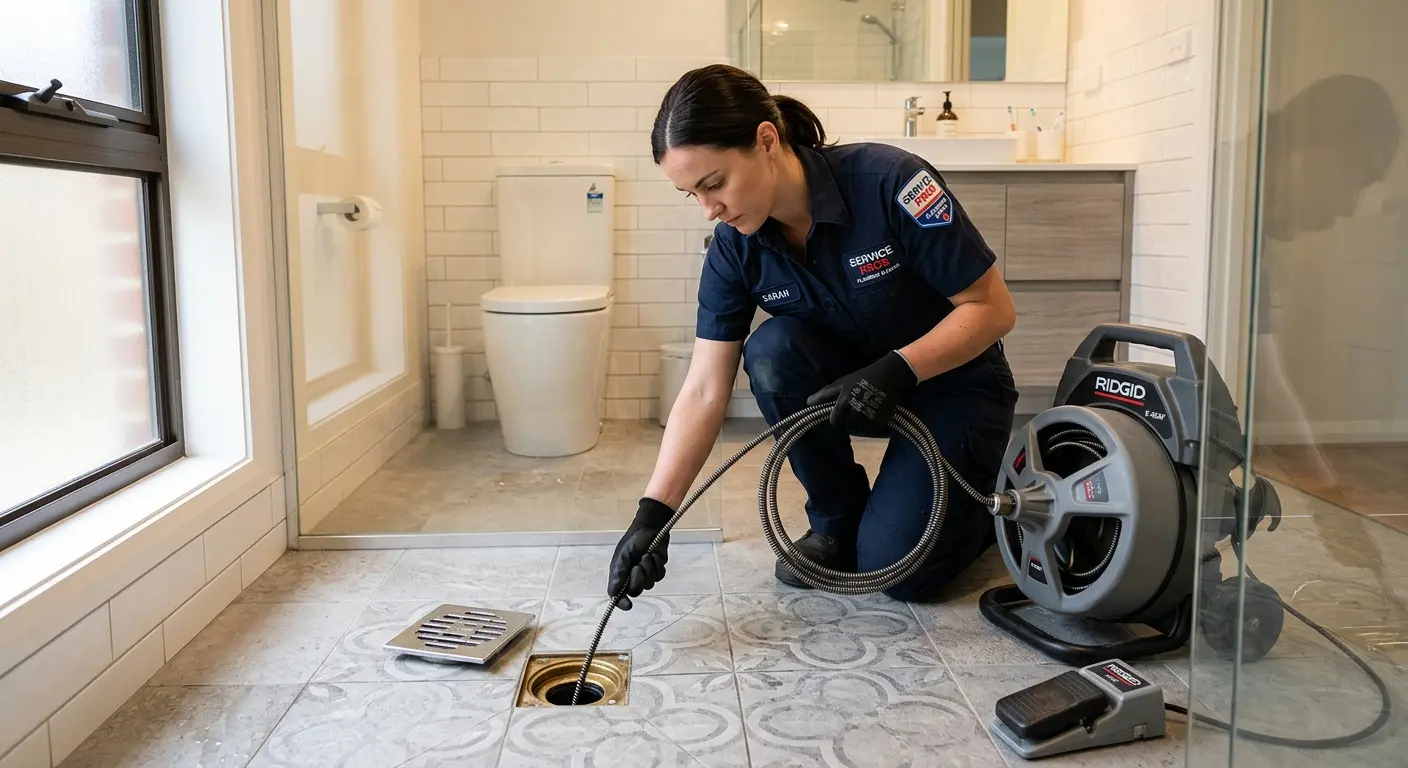 Technician clearing a bathroom floor drain for Sewer Line Replacement in Passaic